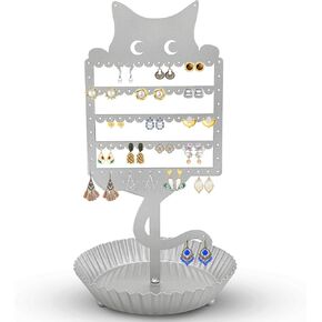 Earring Holder Hanging Organizer Stand Jewelry Rack Metal Cute Cat Tree Shelf Room Decor Table Desktop Ear Stud Holder Display Tower with Ring Storage Tray for Teens Girls Kids Cat Lovers