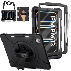 Case for iPad Pro 13 Inch (M4) 2024 with Pencil Holder, All-Round Rugged Drop Protective Case with [9H Hard Screen Protector, Lens Protector, Shoulder Strap, 360° Rotating Stand & Handle], Black