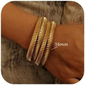Chunky Gold Bangles for Women 18K Gold Plated Stretch Bangles Bracelets Set Flexible Wide Wristband Link Chain Cuff Bracelets Mom Wife Trendy Jewelry Gift