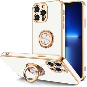Hython Case for iPhone 13 Pro Case with Ring Stand, 360° Rotatable Ring Holder Magnetic Kickstand, Plating Rose Gold Soft TPU Bumper Camera Protection Shockproof Protective Phone Cases Cover, White