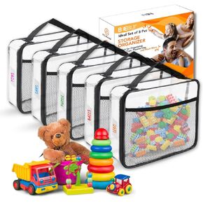 Kids Toy Storage Organizer Set of 5 – 12.5" x 9.5" Durable PVC Storage Bag Organizer for Building Blocks, Toys – Toy Organizers and Storage Clear Storage Bags with Removable Name Tags