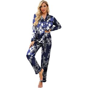 Ekouaer Womens Pajamas Soft Classic Long Sleeve Floral Print Satin Silk Pajama Set For Women(PAT4,Large)