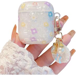 Cute Airpod 1 & 2 Case with Glitter Shell Pearl Keychain Dream Luxury Marble Hard TPU Protective Cover Compatible with AirPods 2nd 1st Generation Case for Girls Teens Women (Purple)