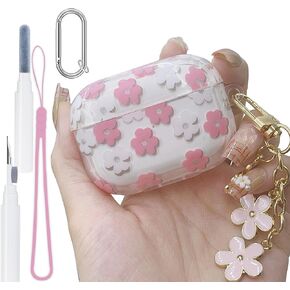 Pink Floral Clear for AirPods Pro Case 2nd 1st Generation Cover 2019/2022, Cute Flower Pendant, Cleaning Pen Accessories Set, Soft TPU Full Protective for AirPods Pro 2 Case for Girl Women Transparent