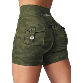 YEOREO Scrunch Workout Shorts with Pockets Charm Gym Biker Shorts for Women High Waisted Yoga Booty Shorts Rose Red M