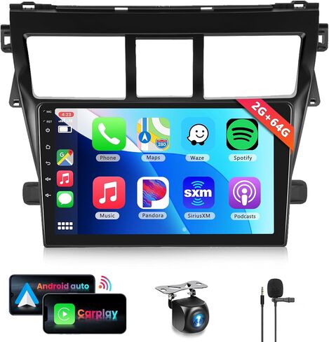 2G+64G لسيارة Toyota Vios Yaris 2007-2012 ستيريو سيارة أندرويد مع Carplay لاسلكي Android Auto، شاشة لمس 9 بوصة راديو سيارة بلوتوث يدعم نظام تحديد المواقع العالمي (GPS) واي فاي HiFi Audio FM SWC + كاميرا احتياطية عالية الدقة in Saudi Arabia