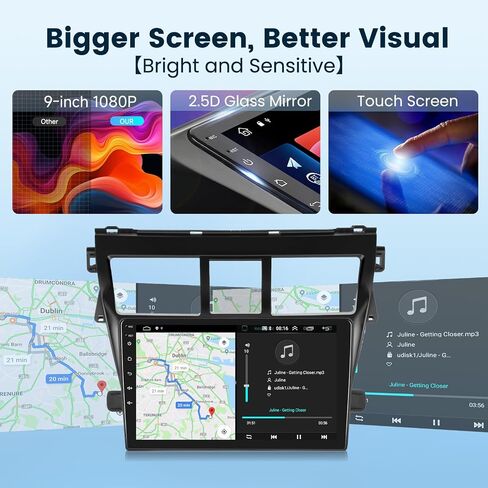 2G+64G لسيارة Toyota Vios Yaris 2007-2012 ستيريو سيارة أندرويد مع Carplay لاسلكي Android Auto، شاشة لمس 9 بوصة راديو سيارة بلوتوث يدعم نظام تحديد المواقع العالمي (GPS) واي فاي HiFi Audio FM SWC + كاميرا احتياطية عالية الدقة in Saudi Arabia