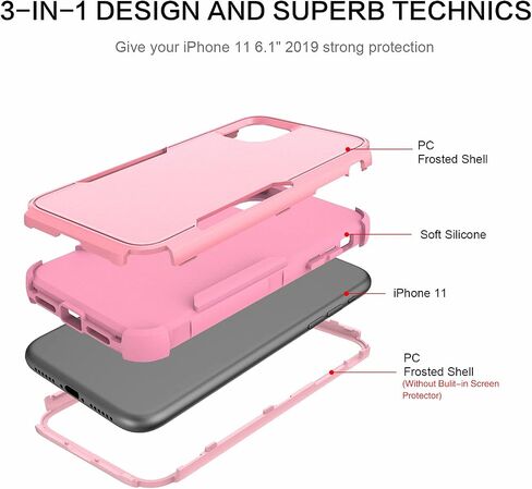 حافظة BENTOBEN لهاتف iPhone 11، حافظة هاتف iPhone 11، شديدة التحمل 3 في 1، هيكل كامل متين مقاوم للصدمات، هجين صلب من البولي كربونات الناعم من مادة TPU الواقية من الصدمات للفتيات والنساء والأولاد والرجال لهاتف iPhone 11، تصميم وردي in Saudi Arabia