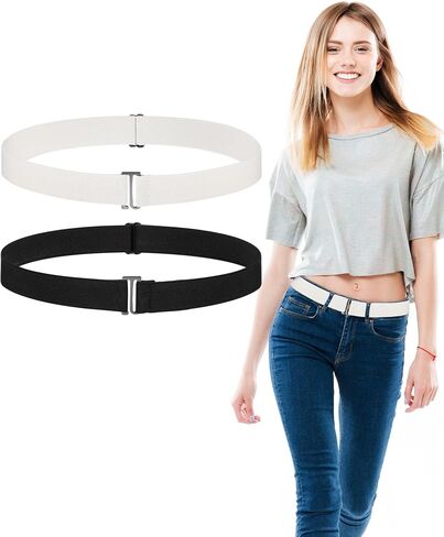 Invisible Women Belts Elastic Stretch Belts with Flat Buckle for Jeans Pants Dresses(Black, Grey, 2 Pack) in Saudi Arabia