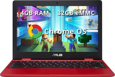 Asus C223 11.6'' HD Chromebook Laptop, Intel Celeron N3350 Processor, 4GB RAM, 32GB eMMC Flash Memory, Intel HD Graphics, HD Webcam, Stereo Speakers, Chrome OS, Red, (Renewed) in Saudi Arabia
