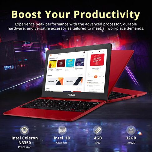 Asus C223 11.6'' HD Chromebook Laptop, Intel Celeron N3350 Processor, 4GB RAM, 32GB eMMC Flash Memory, Intel HD Graphics, HD Webcam, Stereo Speakers, Chrome OS, Red, (Renewed) in Saudi Arabia