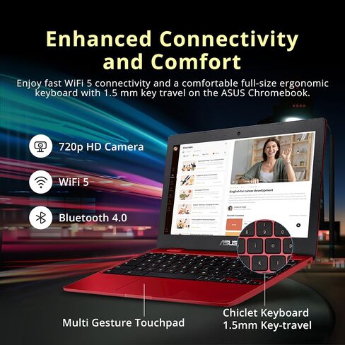 Asus C223 11.6'' HD Chromebook Laptop, Intel Celeron N3350 Processor, 4GB RAM, 32GB eMMC Flash Memory, Intel HD Graphics, HD Webcam, Stereo Speakers, Chrome OS, Red, (Renewed) in Saudi Arabia