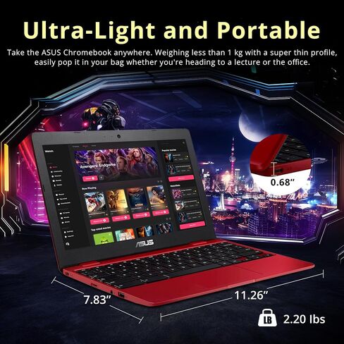 Asus C223 11.6'' HD Chromebook Laptop, Intel Celeron N3350 Processor, 4GB RAM, 32GB eMMC Flash Memory, Intel HD Graphics, HD Webcam, Stereo Speakers, Chrome OS, Red, (Renewed) in Saudi Arabia