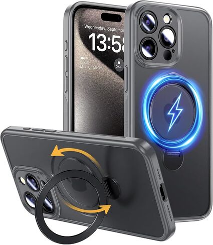 حافظة MAGIC JOHN لهاتف iPhone 15 Pro Max [متوافقة مع Magsafe] [مع حامل معدني مغناطيسي مخفي قابل للدوران 360 درجة] [حماية الكاميرا] [مقاوم للصدمات من الدرجة العسكرية] غير قابل للانزلاق، أسود in Saudi Arabia