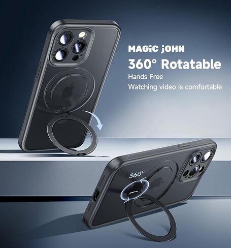 حافظة MAGIC JOHN لهاتف iPhone 15 Pro Max [متوافقة مع Magsafe] [مع حامل معدني مغناطيسي مخفي قابل للدوران 360 درجة] [حماية الكاميرا] [مقاوم للصدمات من الدرجة العسكرية] غير قابل للانزلاق، أسود in Saudi Arabia
