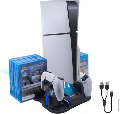 حامل تبريد نحيف Mcbazel PS5 مع محطة شحن وحدة تحكم لجهاز PlayStation 5 Slim فقط، مروحة تبريد 3 مستويات، 12 فتحة ألعاب، 2 محور USB - أسود in Kuwait