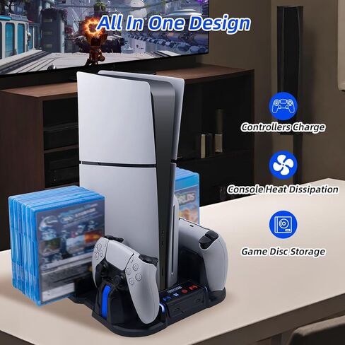 حامل تبريد نحيف Mcbazel PS5 مع محطة شحن وحدة تحكم لجهاز PlayStation 5 Slim فقط، مروحة تبريد 3 مستويات، 12 فتحة ألعاب، 2 محور USB - أسود in Kuwait