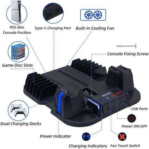 حامل تبريد نحيف Mcbazel PS5 مع محطة شحن وحدة تحكم لجهاز PlayStation 5 Slim فقط، مروحة تبريد 3 مستويات، 12 فتحة ألعاب، 2 محور USB - أسود in Kuwait