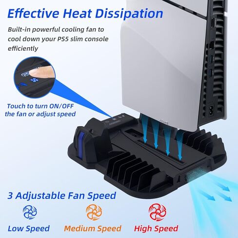 حامل تبريد نحيف Mcbazel PS5 مع محطة شحن وحدة تحكم لجهاز PlayStation 5 Slim فقط، مروحة تبريد 3 مستويات، 12 فتحة ألعاب، 2 محور USB - أسود in Kuwait