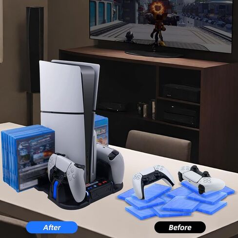 حامل تبريد نحيف Mcbazel PS5 مع محطة شحن وحدة تحكم لجهاز PlayStation 5 Slim فقط، مروحة تبريد 3 مستويات، 12 فتحة ألعاب، 2 محور USB - أسود in Kuwait