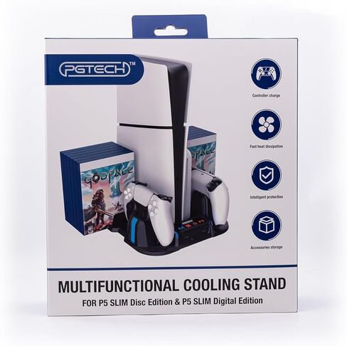 حامل تبريد نحيف Mcbazel PS5 مع محطة شحن وحدة تحكم لجهاز PlayStation 5 Slim فقط، مروحة تبريد 3 مستويات، 12 فتحة ألعاب، 2 محور USB - أسود in Kuwait