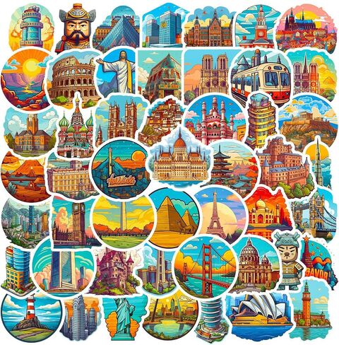 ملصقات السفر حول العالم، البلد، المدينة، معالم الملصقات، حزمة 50 قطعة من الفينيل، دفتر الأمتعة، ملصقات الكتابة على الجدران مرسومة يدويًا، ملصقات حقائب مقاومة للماء للبالغين والمراهقين والأطفال والبنات هدية in Kuwait
