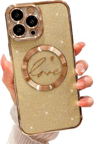 MGQILING Compatible with iPhone 11 Pro Max Magnetic Glitter Case-6.5 Inch, Luxury Love Heart Pattern Plating Bling Clear Case, Compatible with MagSafe for Women Girls Shockproof Back Cover-Pink in Saudi Arabia