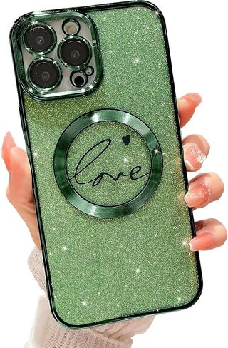 MGQILING متوافقة مع iPhone 11 Pro Max حافظة لامعة مغناطيسية - 6.5 بوصة، حافظة شفافة لامعة بنمط قلب الحب الفاخر، متوافقة مع MagSafe للنساء والفتيات غطاء خلفي مضاد للصدمات - وردي in Kuwait