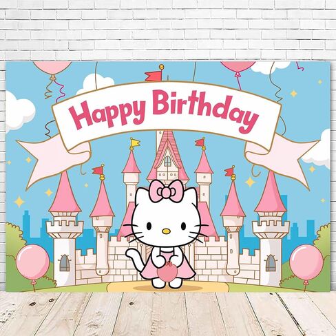 Pink Castle and Cute Pink Cat Backdrop Birthday Decorations, Pink Castle and Pink Cat Birthday Party Background Baby or Girl Birthday Banner Birthday Party Supplies (5x3ft) in Saudi Arabia