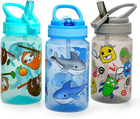 Home Tune 15oz Kids Water Drinking Bottle - BPA Free, Wide Mouth, Flip Sip Top, Easy Open, Lightweight, Leak-Proof Water Bottle with Cute Design For Girls & Boys - 3 Pack Animal & Hero & Space in Saudi Arabia