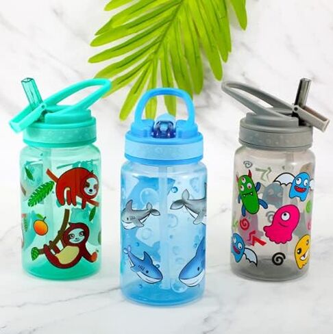 Home Tune 15oz Kids Water Drinking Bottle - BPA Free, Wide Mouth, Flip Sip Top, Easy Open, Lightweight, Leak-Proof Water Bottle with Cute Design For Girls & Boys - 3 Pack Animal & Hero & Space in Saudi Arabia