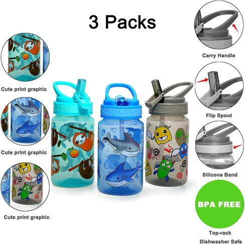 Home Tune 15oz Kids Water Drinking Bottle - BPA Free, Wide Mouth, Flip Sip Top, Easy Open, Lightweight, Leak-Proof Water Bottle with Cute Design For Girls & Boys - 3 Pack Animal & Hero & Space in Saudi Arabia