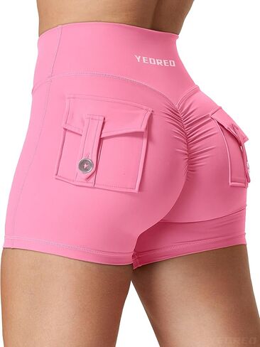 شورت YEOREO Scrunch للتمرين مع جيوب، شورت لراكبي الدراجات النارية في صالة الألعاب الرياضية للنساء، شورت عالي الخصر لليوجا، أحمر وردي M in Kuwait
