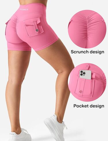شورت YEOREO Scrunch للتمرين مع جيوب، شورت لراكبي الدراجات النارية في صالة الألعاب الرياضية للنساء، شورت عالي الخصر لليوجا، أحمر وردي M in Kuwait