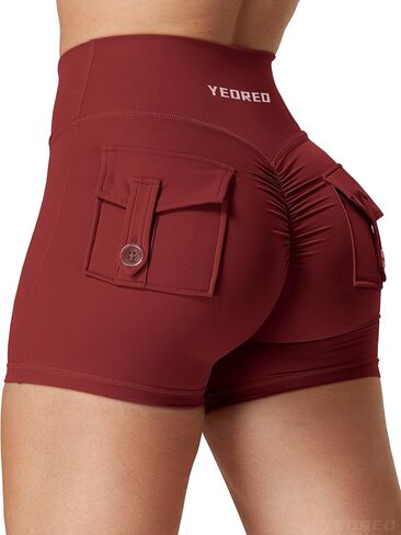 شورت YEOREO Scrunch للتمرين مع جيوب، شورت لراكبي الدراجات النارية في صالة الألعاب الرياضية للنساء، شورت عالي الخصر لليوجا، أحمر وردي M in Kuwait