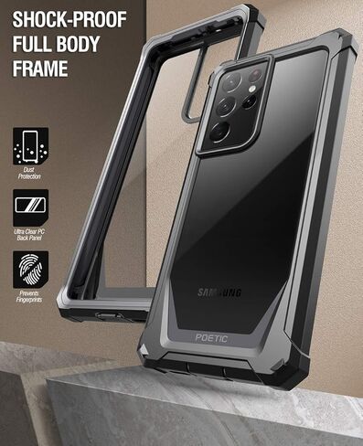 Poetic Guardian Case [6FT Mil-Grade Drop Tested] Designed for with Samsung Galaxy S21 Ultra 5G 6.8", Built-in Screen Protector Work with Fingerprint ID, Full Body Shockproof Case, Black/Clear in Saudi Arabia