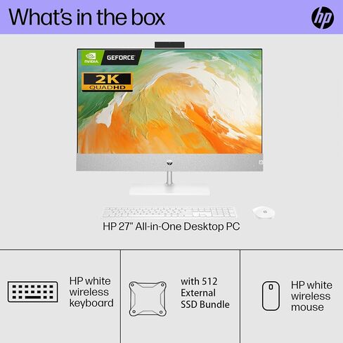كمبيوتر HP Pavilion 27 بوصة QHD i7 RTX 3050 الكل في واحد، 27 بوصة QHD، Intel i7-13700T، NVIDIA GeForce RTX 3050، ذاكرة الوصول العشوائي 64 جيجابايت، 2 تيرابايت SSD، Wi-Fi 6، Windows 11 Home، أبيض، مع 512 SSD خارجي باقة in Saudi Arabia