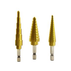 Step Drill Bits 3 PCS of High-Speed Steel, Titanium Coated, 1/8 to 3/4 Total 28 inch Sizes for Drilling Holes in Plate Metal Wood Plastic alumium with 1/4" hex bits Shank