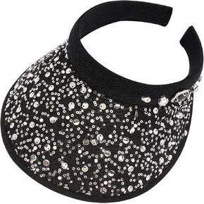 Haoohu Shiny Rhinestones Clip On Sport Sun Visor Hat for Women Men Outdoor Adjustable Wide Brim Summer Cap