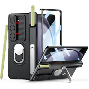 Compatible with Samsung Galaxy Z Fold 4 Case, Built in Hidden S Pen Holder to Avoid Pen Lost, Leather on Back, Screen Protector, Hinge Protection, Wireless Charging Cover 5G 2022-Carbon Fiber