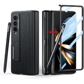 Compatible with Samsung Galaxy Z Fold 4 Case, Built in Hidden S Pen Holder to Avoid Pen Lost, Leather on Back, Screen Protector, Hinge Protection, Wireless Charging Cover 5G 2022-Carbon Fiber
