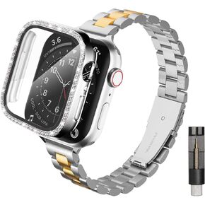 متوافق مع ساعة Apple مقاس 38 مم 40 مم 41 مم 42 مم 44 مم 45 مم، أساور معدنية رفيعة مع حافظة لامعة، أساور من الفولاذ المقاوم للصدأ مع حافظة لامعة وواقي شاشة لسلسلة iWatch 9/8/7/6/5/4/3/2/1/SE in Kuwait