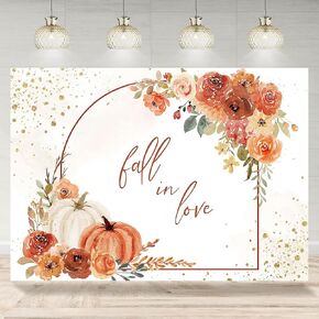 7x5ft Fall in Love Backdrop Pumpkin Floral Wedding Bridal Shower Miss to Mrs Photography Background Bride to Be Engaged Flowers Cake Table Banner Party Decorations Supplies Photo Booth Props