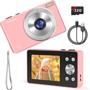 كاميرا رقمية 4K، كاميرا للأطفال كاميرا تسجيل فيديو حقيقية بدقة 13 ميجابكسل 4K للتصوير الفوتوغرافي مع بطاقة SD سعة 32 جيجابايت وتكبير 16X، كاميرا صغيرة محمولة عتيقة مقاس 2.83 بوصة للمراهقين والأطفال والأولاد والبنات هدايا المبتدئين