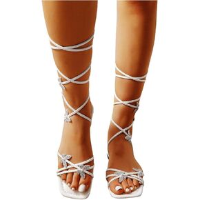 GORGLITTER Women's Sparkly Butterfly Lace Up Flat Sandals Criss Cross Strappy Tie Up Slide Sandals