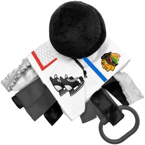 The Learning Lovey Chicago Blackhawks Baby Tag Toy - NHL Hockey Baby Sensory Crinkle Toys - Soft & Safe - Ideal Baby Stroller Toy - BPA Free w/Stroller Clip (10" x 10" Tag Toy)