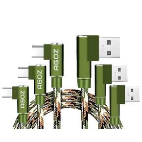 [3-Pack, 4ft 4ft 4ft] Agoz USB C CAMO Braiding Cable Fast Charger 90° Type C to USB A Right Angle Cords For Samsung Galaxy S24 S23 S22 S21, A15 A14 A54, Moto G, Google Pixel 9 8, iPhone 15 Pro Max, 16