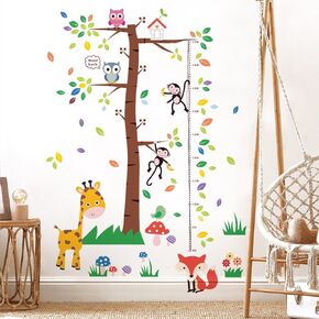 3D Cartoon Height Growth Chart for Kids Wall Stickers Removable DIY Jungle Animals and Plants Height Sticker Peel and Stick Sun White Clouds Wall Art Decor for Nursery Kids Bedroom Living Room
