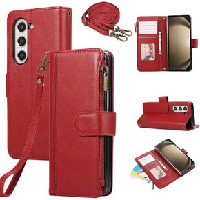 Asuwish Phone Case for Samsung Galaxy Z Fold 6 5G 2024 Zipper Wallet Cell Cover with Tempered Glass Screen Protector Crossbody Strap Lanyard Card Holder Leather ZFold6 Z6 G Fold6 6Z Women Men Red