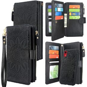 Harryshell Detachable Magnetic Zipper Wallet Leather Case Cash Pocket with Multi Card Slots Holder Wrist Strap for iPhone XR 6.1 inch 2018 Floral Flower (Black)